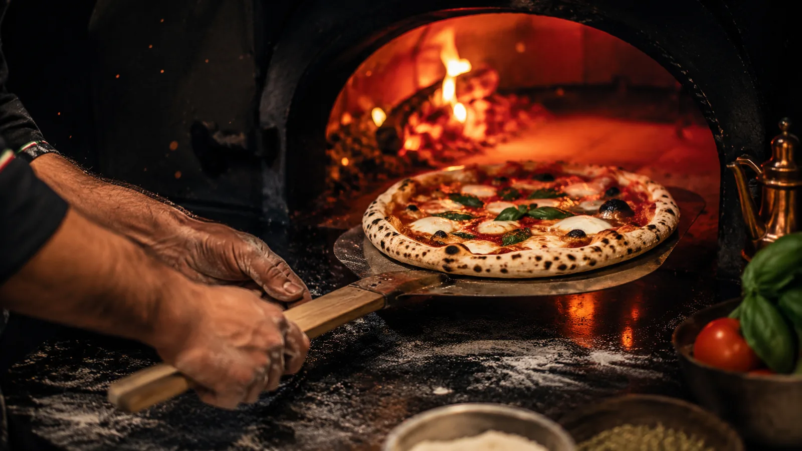 Pizzeria N40 — pizza enfournée au feu de bois